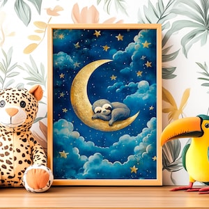 Póster de perezoso soñador con luna creciente, impresión divertida de Folivora, amante de Bradypus, arte de pared de noche estrellada, decoración de guardería de vida silvestre, pintura de cielo iluminado por la luna