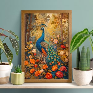 Wildflower Field Blue Peacock Poster, Vintage Bird Wall Art, Bird Lover Gift, Forestcore Decor, Botanical Bird Wallpaper, Retro Birds Prints