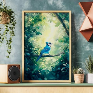 Wald Blauhäher Vogel Poster, Geschenk für Naturliebhaber, Eichelhäher Wandkunst, Forestcore Dekor, Retro Vogel Druck, Nordamerikanischer Eichelhäher, Aquarell Vögelchen