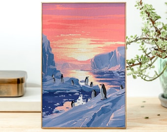 Puede incluir: Una pintura de un grupo de pingüinos de pie sobre témpanos de hielo en un paisaje helado. El cielo es de un rosa y naranja vibrantes, lo que sugiere una puesta de sol. El agua es de un azul profundo, reflejando los colores del cielo.