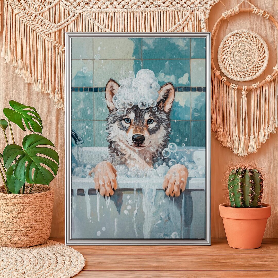 Wolves Bath Bubble Bath Wolf Jigsaw Puzzle, Whimsical Bathroom Wall Art Nursery ...