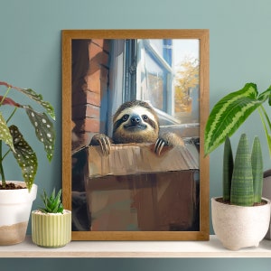 Poster boîte surprise paresseux coucou, cadeau pour amateur de paresseux, impression drôle de paresseux, portrait animalier, décoration de chambre d'enfant, art mural pour chambre d'enfant, boîte en carton