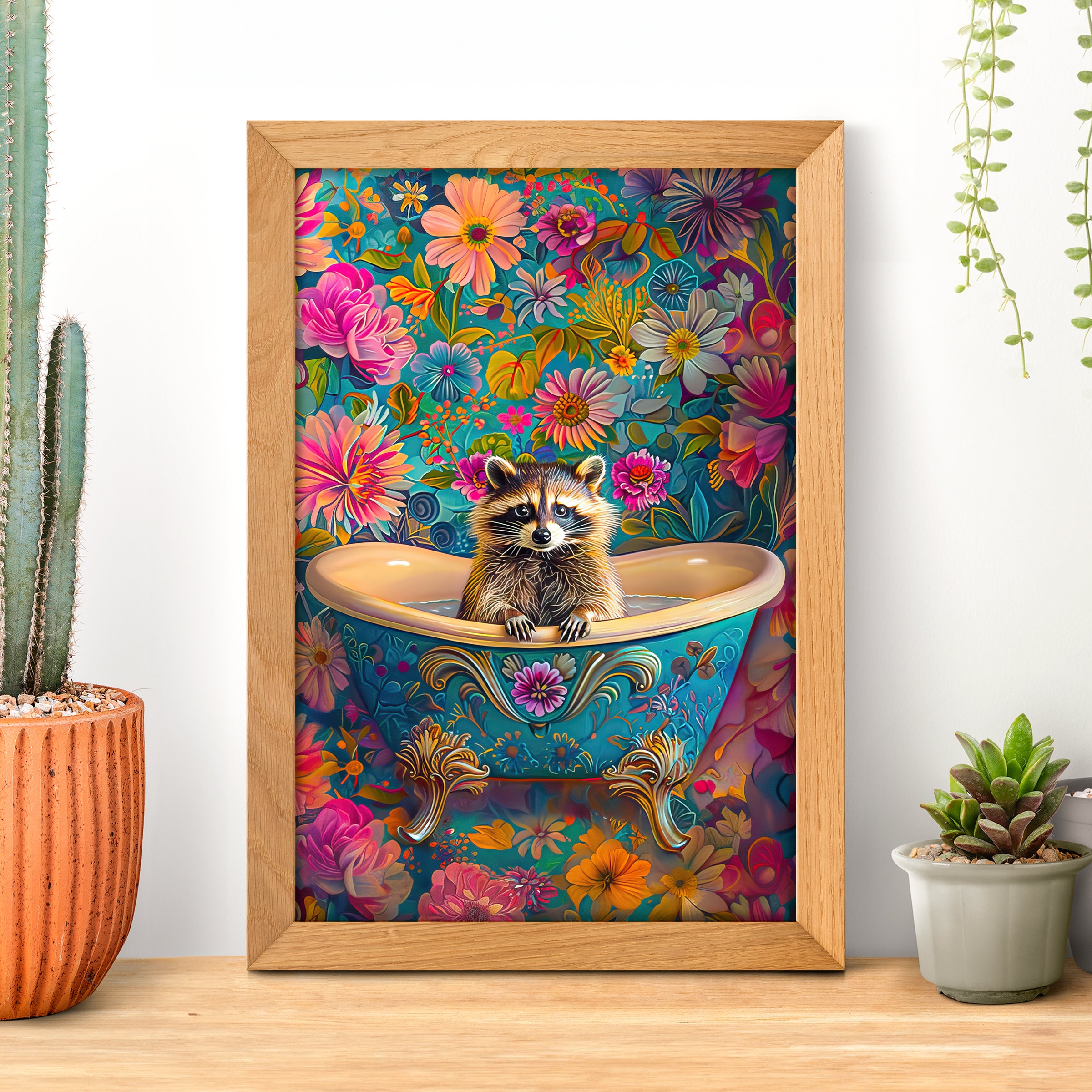 Floral Bathtub Bath Raccoon Poster, Bathroom Wall Art, Funny Trash ...