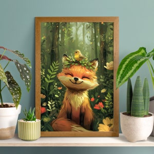 Fröhlicher Fuchs und Vogel Poster, Fuchs Liebhaber Geschenk, Süßer Rotfuchs Druck, Baby Fuchs, Wildtier Kinderzimmer, Waldvogel Dekor, Vögelchen Wand Kunst, Birdie