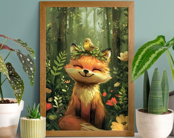 Joyful Fox And Bird Poster, Fox Lover Gift, Cute Red Fox Print, Baby Fox, Wildlife Nursery, Forest Bird Decor, Wild Animal Wall Art, Birdie