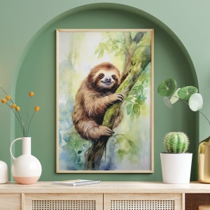 Wald süßes Faultier Poster, lustiges Faultier Wandkunst, Tier Wohnkultur, Kinderzimmer Aufkleber, Wildtier Drucke, Faultier Liebhaber Geschenk, Aquarell