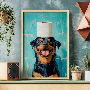 Bathroom Toilet Paper Rottweiler Poster, Rottie Print, Canine Lover, Guard Dog Portrait, Working Dog Nursery, Restroom Wall Art, Bath Decor