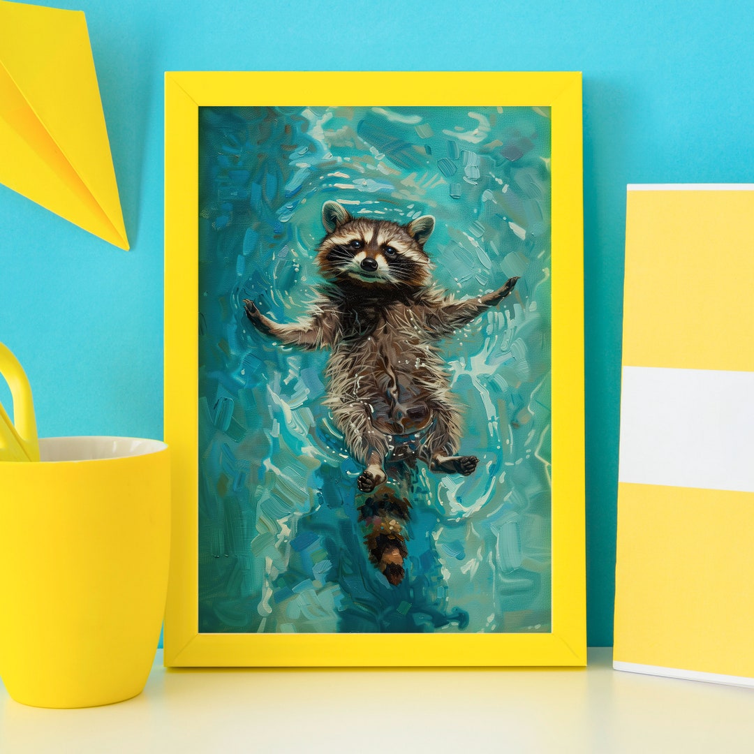 Swimming Pool Floating Raccoon Poster, Funny Trash Panda Wall Art ...