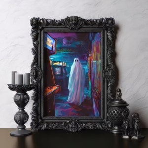 May include: A framed painting depicting a white ghost standing in a brightly lit arcade. The ghost is wearing a white sheet and has a faint glow around it. The arcade is filled with colourful lights and arcade games.
