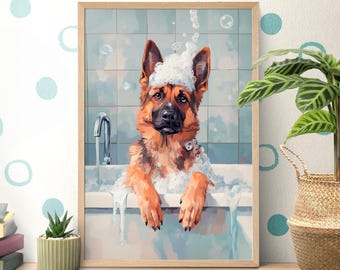 Bad bubbelbad poster Duitse herder, badkamer kunst aan de muur, grappige politiehond print, portret Elzasser, schattig huisdier kwekerij, toilet decor