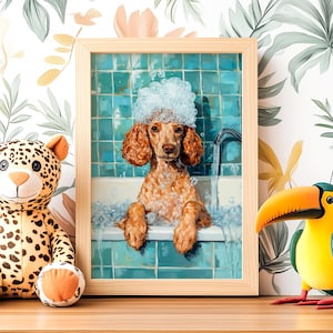 Bathtub Bubble Bath Poodle Poster, Bathroom Wall Art, Cute Standard Poodle Print, Caniche Portrait, Pet Nursery, Dog Lover, Restroom Decor