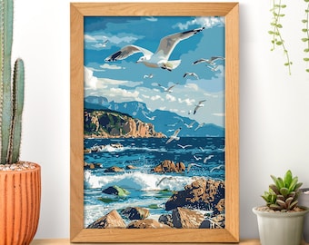 Seagulls Flying Over Ocean Poster, Seagull Print, Bird Lover Gift, Nautical Bird,  Coastal Wall Art, Retro Bird Art, Beach Decor, Lake House