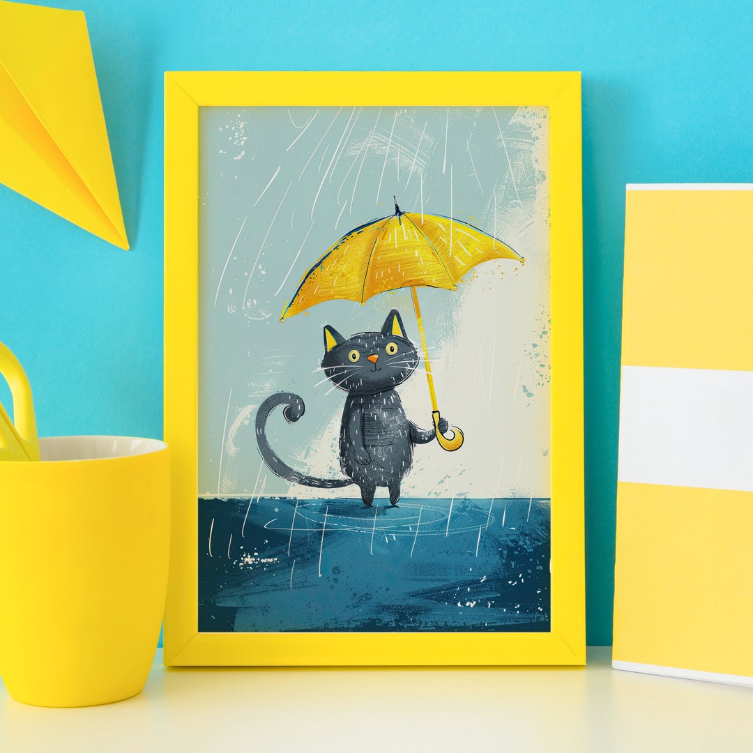 Rainy Day Umbrella Cat Poster, Black Cat Wall Art, Funny Kitten Print ...