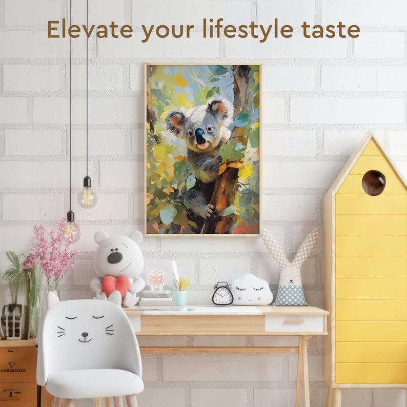 May include: A framed painting of a koala bear sitting in a tree with green leaves. The painting is hanging on a white brick wall in a room with a desk, chair, and other decor.