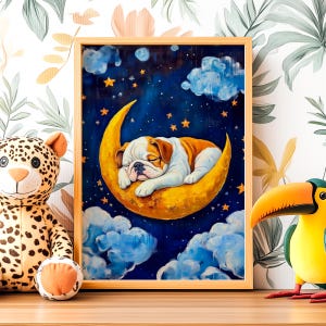 Verträumte Bulldogge Poster, Englische Bulldogge Poster, Französische Bulldogge Liebhaber, Sternenklare Nacht Wandkunst, Haustier Hunde Kindergarten, Mondnacht Himmel Dekor
