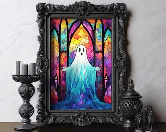 Stained Glass Haunting Ghost Poster, Vintage Horror Print, Ghost Painting, Dark Academia, Gothic Victorian, Spooky Wall Art, Halloween Decor