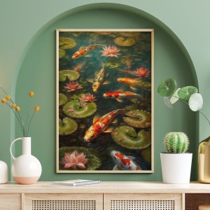 May include: A framed painting of a pond with colorful koi fish swimming among lily pads and pink flowers.