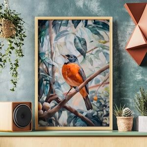 Wald Singvogel Rotkehlchen Poster, Geschenk für Naturliebhaber, Turdidae Wandkunst, Forestcore Dekor, Retro Vogel Druck, Aquarell Birdie Kinderzimmer