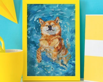 May include: A painting of a Shiba Inu dog floating in blue water. The dog has its eyes closed and is smiling. The painting is framed in a yellow frame.
