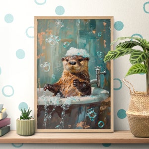 Bathtub Bubble Bath Otter Poster, Bathroom Wall Art, Funny Sea Otter Gifts, Wildlife Nursery, Oil Painting, Cute Otter Print, Bath Decor