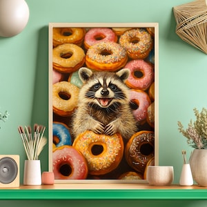 Puede incluir: Un mapache con una expresión feliz está rodeado de una variedad de donuts coloridos con chispas. Los donuts están dispuestos en un patrón circular alrededor del mapache.