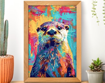 Pop Art Otter Portrait Poster, Otter Lover Gift, Funny Sea Otter Print, Abstract Animal Wall Art, Wildlife Home Decor, Pop Culture Painting