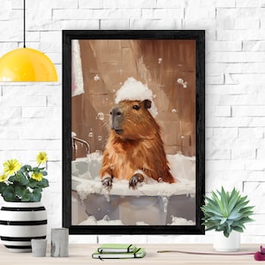 Bathtub Bubble Bath Capybara Poster, Bathroom Wall Art, Funny Capybara Gift, Wildlife Nursery, Oil Painting, Cute Capybara Print, Bath Decor