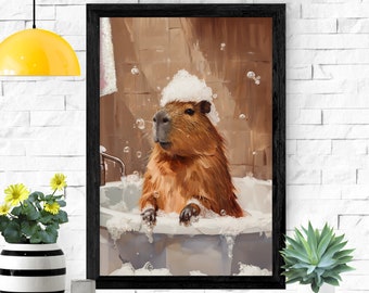 Bathtub Bubble Bath Capybara Poster, Bathroom Wall Art, Funny Capybara Gift, Wildlife Nursery, Oil Painting, Cute Capybara Print, Bath Decor