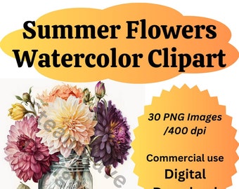 Watercolor Summer Flower Clipart: 30 PNG Images (Digital Download)