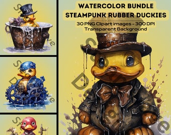 Watercolor Steampunk Rubber Duckie Clipart: 30 PNG Images (Digital Download)