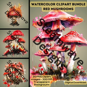 20 cliparts aquarelle champignon rouge, PNG, 300 DPI, fond Transparent, 20 images Clipart uniques, art numérique, usage Commercial