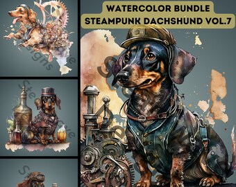 Watercolor Steampunk Dachshund Clipart: PNG Images, Commercial Use (Digital Download)