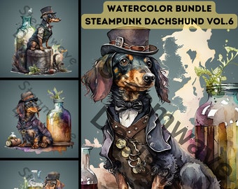 20 Watercolor Steampunk Dachshund clipart images Vol.6, PNG, 300 dpi, Transparent Background, Digital download, Commercial Use