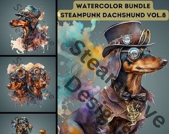 Watercolor Steampunk Dachshund Clipart: PNG Images, Commercial Use (Digital Download)