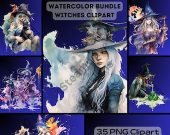 Clipart de Bruxas em Aquarela: 35 imagens PNG com fundo transparente (Download Digital)