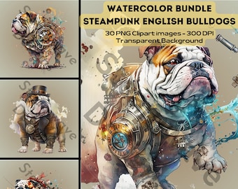 Watercolor Steampunk Bulldog Clipart: 30 PNG Images (Digital Download)