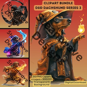 20 imagens de clipart de D&D Dachshund - Série 3, PNG, 300 dpi, fundo transparente, download digital, uso comercial