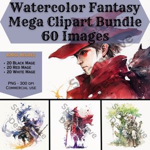 Watercolor Fantasy Mega Clipart Bundle, Black Mage, Red Mage, White Mage, PNG, 300 DPI, 60 Unique Images, Digital Art, Commercial Use