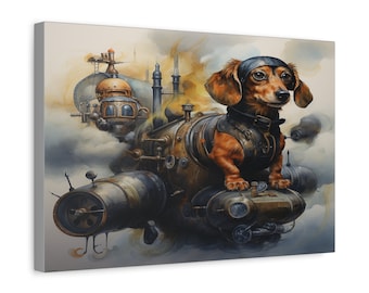Steampunk Dachshund Canvas Print: Airship Dog Wall Art