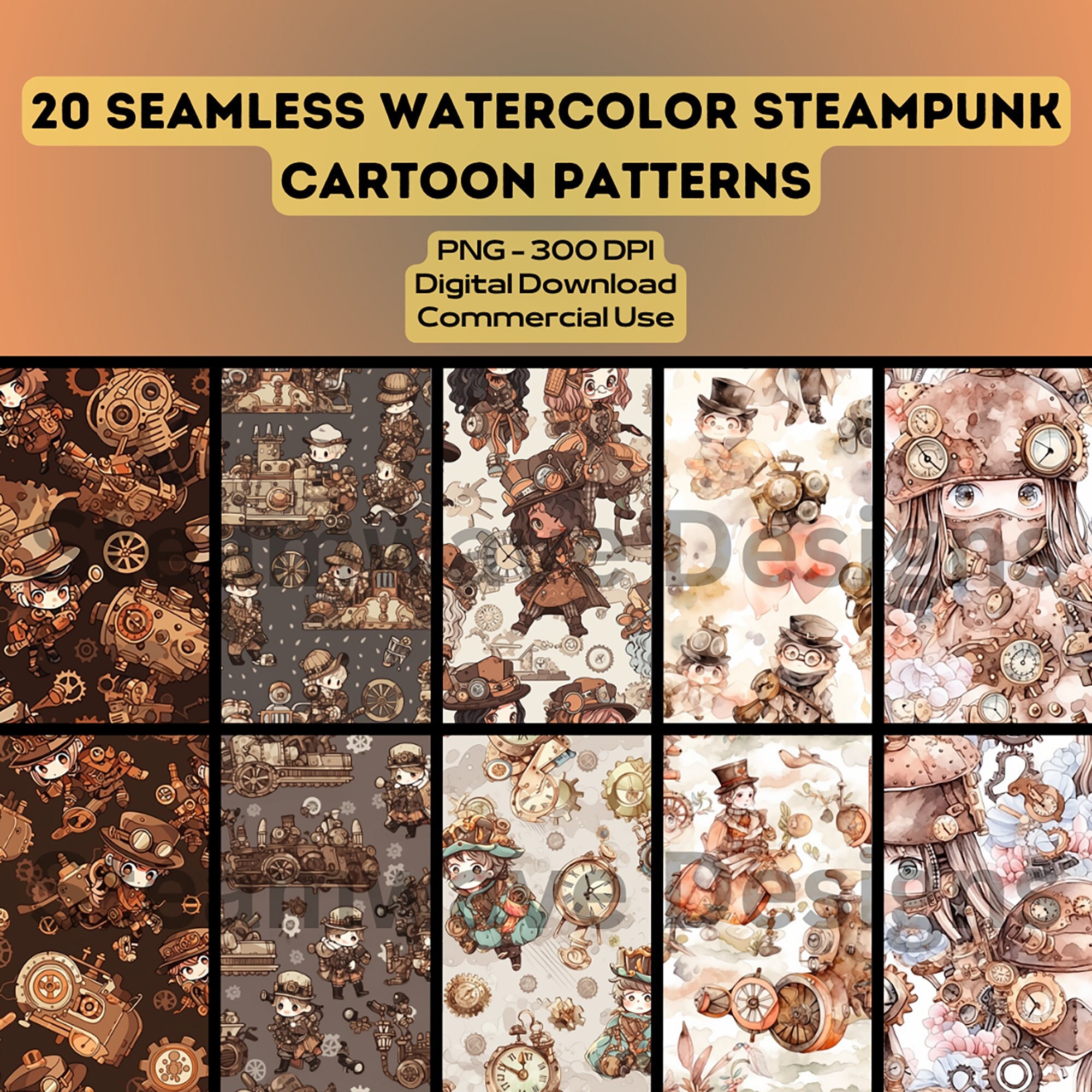 20 Seamless Steampunk Patterns. Watercolor, Cartoon, PNG, 300 DPI, Tile ...