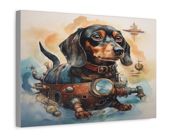 Steampunk Dachshund Canvas Art: Whimsical Dog Lover Wall Decor