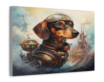 Steampunk Dachshund Pilot Canvas Art: Vintage Aviation Decor