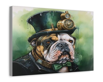 Canvas Print, Steampunk English Bulldog Art, Matte Finish, 18x12 Stretched, 1 25 inches