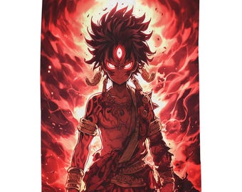 May include: A digital illustration of a fiery red anime character with a third eye and tribal markings. The character is surrounded by flames and has a fierce expression.