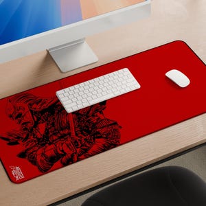Alfombrilla de ratón XXL Samurai para juegos, roja y negra, con borde cosido