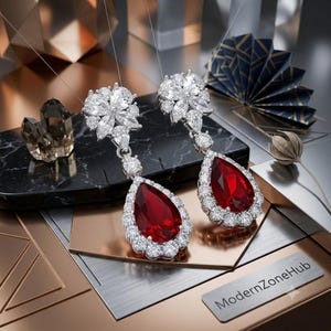 May include: A pair of drop earrings featuring large, pear-shaped red stones surrounded by halos of small, clear, round-cut stones. Above the pear-shaped drops are clusters of marquise and round-cut clear stones. The text ModernZoneHub is visible.