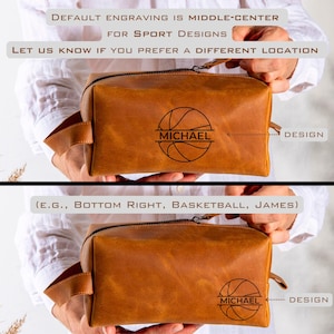 May include: A brown leather toiletry bag with a zipper closure. The bag has a basketball design with the name "MICHAEL" engraved on it. The bag is shown in two different positions, with the design in the center and then in the bottom right corner.