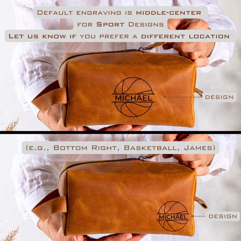 May include: A brown leather toiletry bag with a zipper closure. The bag has a basketball design with the name "MICHAEL" engraved on it. The bag is shown in two different positions, with the design in the center and then in the bottom right corner.