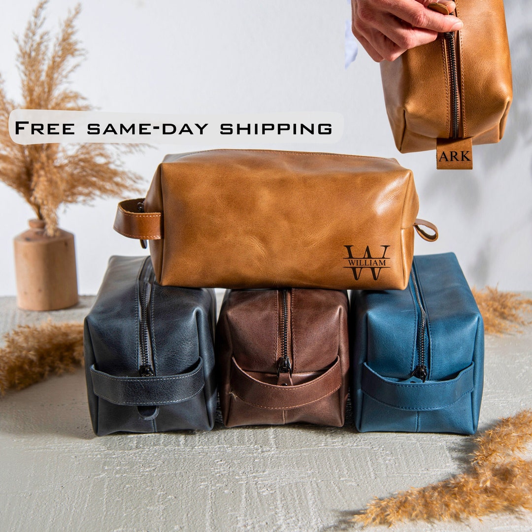 Men's Leather Toiletry Bag, Personalized Dopp Kit for Him, Groomsman ...