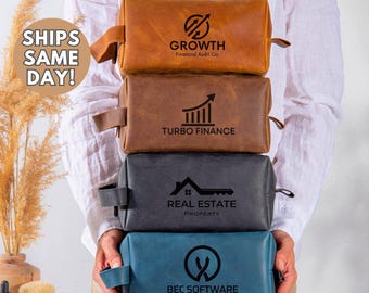 Custom Corporate Leather Dopp Kit with Logo, Personalized Employee Gift, Client Gift, Men's Company Christmas & Holiday Gift